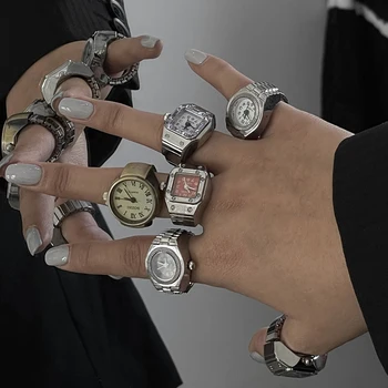 Vintage Punk Elastik Sıkı quartz saat Yüzükler Kadınlar Erkekler için Hip Hop Serin Parmak İzle Yüzükler Çift moda takı